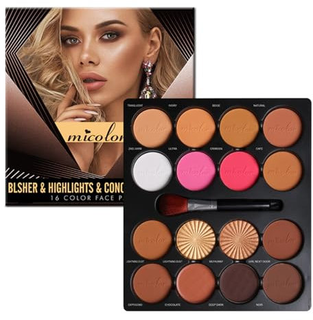 Holzsammlung Kit pour Contouring, 16 Couleurs Palette Poudres Bronzantes Imperméable et Durable, Anti-cernes, Blush, Surligneur avec Brosse Tout en Un Makeup Kit pour Peau Claire À Moyennement Foncée