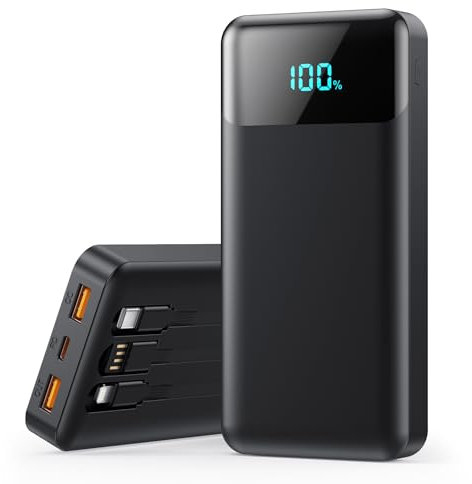 Power Bank 26800mAh, Powerbank con Cavi Integrati 25W PD Ricarica Rapida Caricatore USB C Portatile con 5 Uscite & 2 Ingressi Batteria Esterna con LCD Display per iPhone 16/15, Samsung ect (Nero)