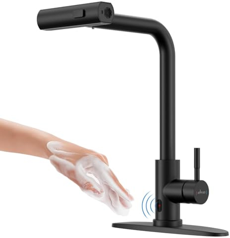 APPASO Touchless Kitchen Faucet with Pull Down Sprayer Black, Black Touchless Waterfall Faucet, Motion Sensor Hands-Free, Single Handle for 1 or 3 Holes Kitchen Sink Stainless Steel Easy Install