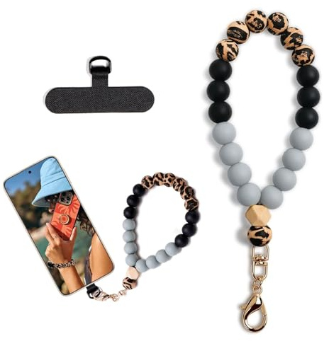 LunarCharm Silikonperlen-Handgelenkschlaufe, Handy-Lanyard mit Handy Lanyard Pads, elastisches Freisprech-Handy-Armband, handy kette für die Meisten Smartphones, Leopardenmuster