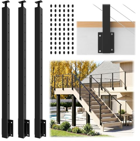 Gyykzz 3 Pack Side Mount Stair Cable Railing Post 36 (Post Body 44), Left Side Space-Saving Fascia Mount Deck Post for 36-38 Stair Railing, Black Stair Handrail Post for Indoor Outdoor Stairway
