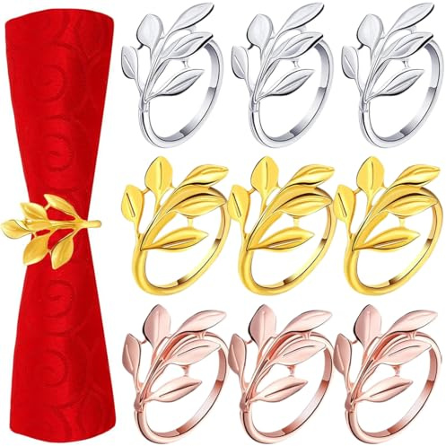 MIRKUZI Anelli portatovagliolo Anelli per tovaglioli da 9 pezzi, anelli per tovaglioli effetto foglia, anelli per tovaglioli stile boho, adatti per matrimoni, Natale, feste di famiglia