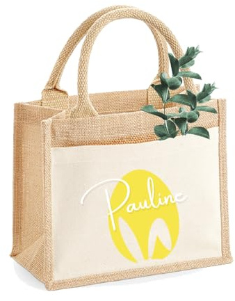 AMBERGER DESIGN by A&M Osterhage amd Jute Tasche klein Osterkorb Personalisiert Osterhase & Wunschname Geschenkidee Kinder Ostereiersuche Ostergeschenk Osternest