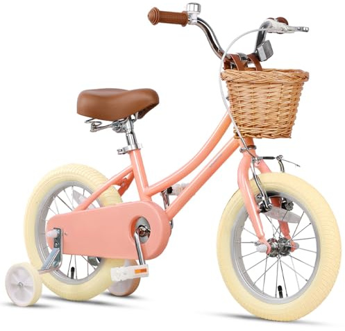 Glerc 12 Zoll Kinder Mädchen Fahrrad für 2 3 4 Jahre alt kleine Mädchen Retro Vintage-Stil Fahrräder mit Stützrädern und Glocke, Pfirsich