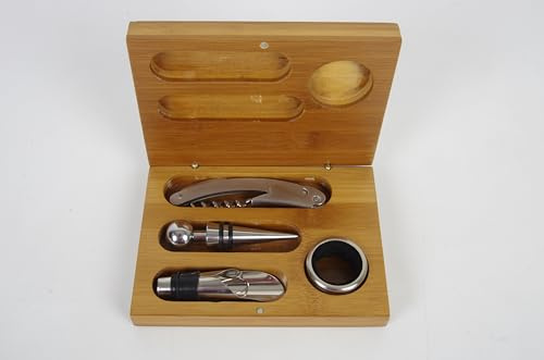 BIRAMBEAU, Bambu vin presentförpackning med korkskruv, avsmalnande lock, hälla och stoppdroppar.