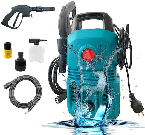 Idropulitrice Elettrica ad Acqua Fredda Alta Pressione 1400W Max 110Bar 4.6L/min Ugello Regolabile con Tubo da 3m Leggera e Compatta, con Maniglia per il Trasporto Ideale per Casa, Giardino, Auto