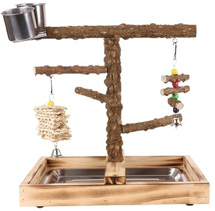 Vogelspielplatz - Vogelspielplatz Mit Futternäpfen - Papageienspielplatz Aus Naturholz | Kau-Resistente Sitzstange | Schaukelleiter Spielzeug Für Nymphensittich, Sittich, Wellensittich, Unzertrennlich