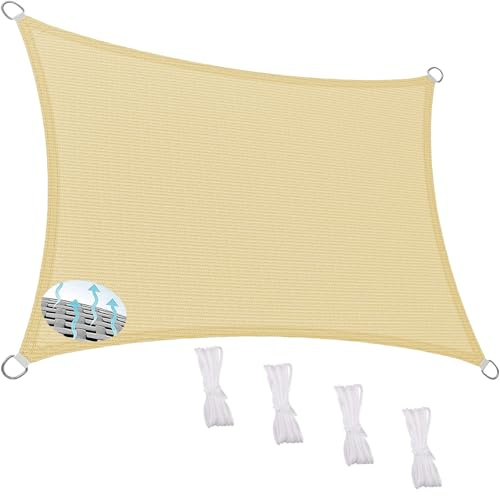 Vela Ombreggiante 250 x 420 cm Rettangolare Protezione Solare Anti UV HDPE Traspirante Telo Ombreggiante con Fune e Anello D per Giardino, Terrazza, Cortile (Personalizzabile), Color Crema