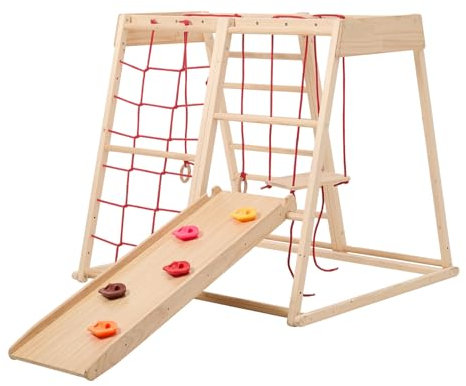 Warmiehomy 7in1 Toddler Climbing Frame | Indoor Playground Jungle Gym Playset for Kids Age 3-8 | Wooden Montessori Climber with Slide Swing Monkey Bar Ladder Climbing Net Gymnastic Rings | Baby Gift