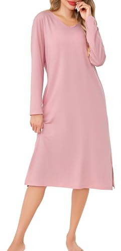 Wikoan Camicie da Notte da Donna Cotone Camicie da Notte con Scollo a V Camicia da Notte a Maniche Lunghe con Tasche S-3XL