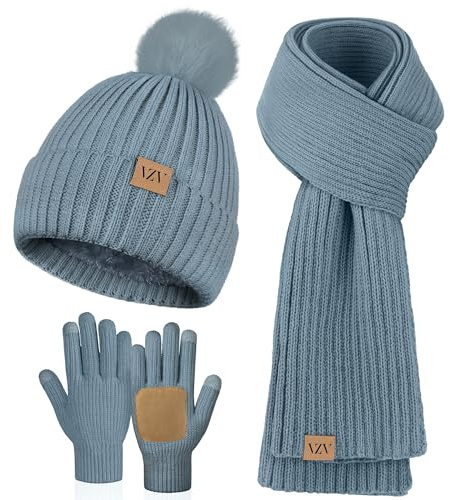 VZV Damen Winter Beanie Mütze Schal Handschuhe Set Fleece Gefütterte Strick Pompon Mütze Warm Halstuch Touchscreen Handschuhe Geschenk Für Frauen (Hellblau, Einheitsgröße)