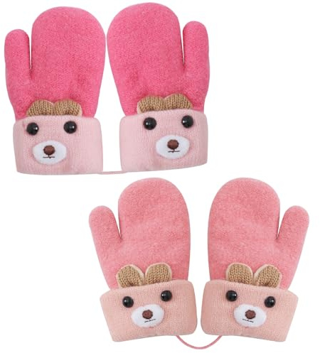 Mayoii 2PCS Mittens for Kids Winter Warm,Toddler Gloves 1-3 Years Knitted Outer, Toddler Gloves with String, Baby Mittens for Boys Girls (Red+Peach, 1-3 Age)