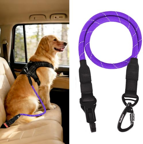 PetBonus bilbälte för hund, hållbart repbilbälte för hund för fordon, säkerhetskoppel för husdjur med kraftig spänne krok låsbar clip för små medelstora stora raser (lila)