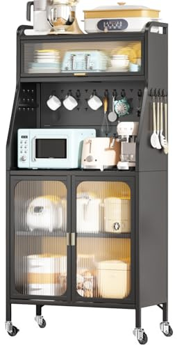 ONKBOITE Küchenschrank, Buffetschrank Küchenschränke, 5-stufiges Vorratsschrank,Mikrowellenschrank mit Close-Funktion,erstellbare Einlegeböden und Kabelloch mit Sichtbare Türen Schwarz (66x36x164cm)
