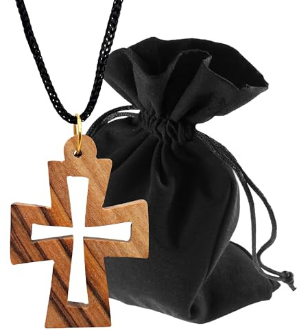 Lunexus Ciondolo a forma di croce in legno d'ulivo, design bizantino realizzato a mano in Betlemme con nastro nero 80 cm e sacchetto di velluto benedetto con certificato collana regalo battesimo