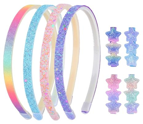 Set of 4 Headbands for Girls 13x14 cm & 4 Girls Hair Clips 7 cm, Gradient Star Design, Silicone Grip, Lightweight ABS, Children’s Hair Accessories
