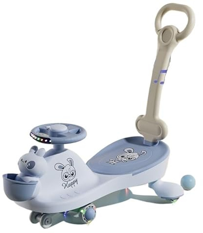 Voiture Musicale à Bascule, lumière, balançoire silencieuse, Clignotante, Rotation des Roues, Mouvement de Rotation for diriger, à partir de 1 an(Blauw,with Push Handle)