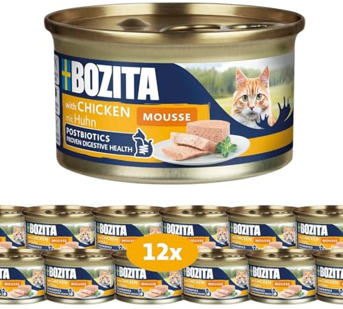 Bozita Mousse kyckling – 12 x 85 g våt mat för katter i fin moussetextur med kyckling – kornfritt recept, utan tillsats av socker – med postbiotika för att stödja en hälsosam tarmflora