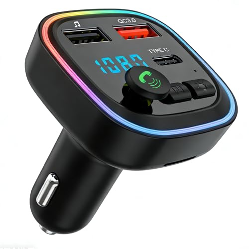 FM Transmitter Auto Bluetooth, Transmitter für Auto mit drahtloser Funkverbindung mit PD 20W und QC 3.0, Adapter mit drahtloser Funkverbindung mit USB-C, Freisprechen und MP3 Wiedergabe