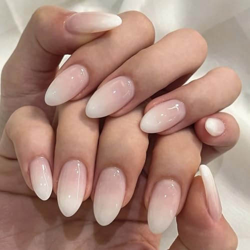 24 Stück Gradient Press on Nails Kurz Almond - Pink Weiß Ombre Fingernägel zum aufkleben, Natürliche Fake Nagel, Full Cover Fingernagel mit Nagelkleber - DIY künstliche nägel zum aufkleben Für Frauen
