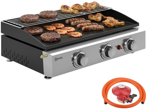 Outsunny 3 Burner Grill Griddle Portable Gas Plancha 7.5 kW Black | Warming Rack, Tabletop Gas BBQ, Grease Cup, for Camping, Picnic, Patios
