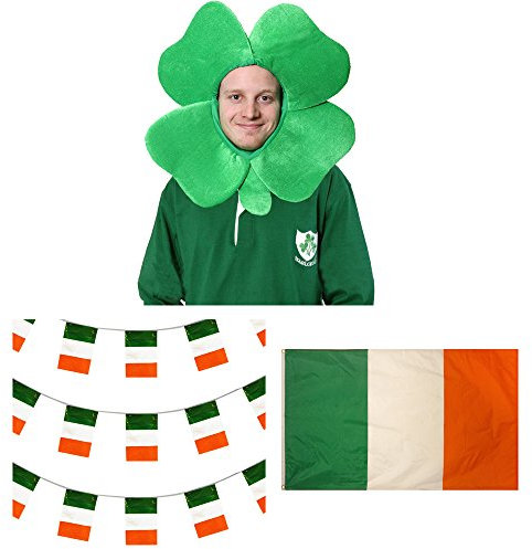 Lot de supporters de la coupe du monde de football irlandais – Chapeau vert trèfle + drapeau irlandais + fanions (122 m) – Irlande