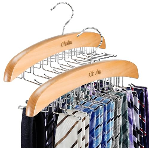 Tie Rack Hanger for Closet: Ohuhu 2 Packs 24 Folding Hooks Tie Hangers for Men Wooden Tie Holder Organizer Space Saving Necktie Storage 360 Degree Rotating Ties Belts Scarves Tank Tops-Burlywood