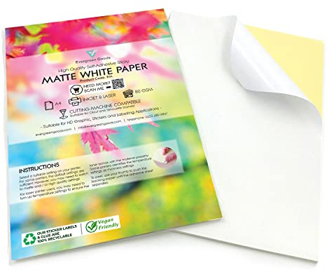 Evergreen Goods Ltd 50 Sheets A4 White Self Adhesive Matte Sticker Paper | Durable Photo Paper for Inkjet and Laser Printers | Sticky Back Printing Sheets Perfect for Customisable Universal Labels