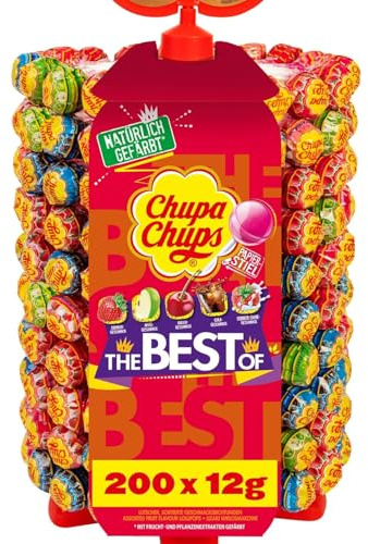 Chupa Chups Lutscher-Rad, Lollipop-Ständer mit 200 Lollis, Aufsteller mit 5 leckeren Geschmacksrichtungen, geeignet für Kiosk, Büro und Geburtstag, 200 x 12g