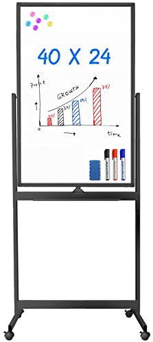 maxtek Mobiles Whiteboard, 100 x 60 cm Doppelseitiges Whiteboard mit Ständer, Magnetische, Aluminiumrahmen - mit Stifte, Schwämme, Magnete​