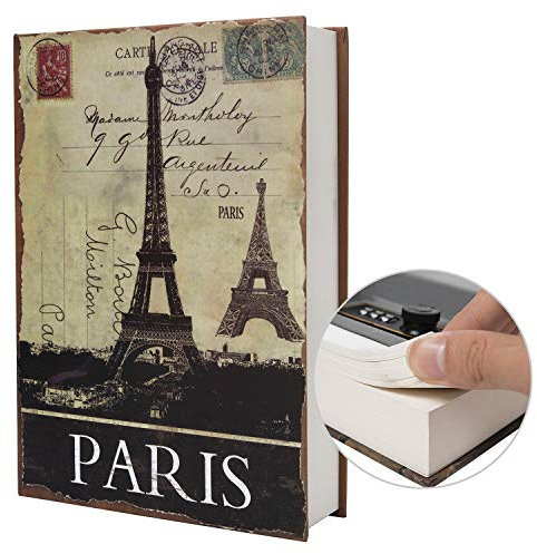 Cassaforte a forma di libro in vera carta, scatola portaoggetti con codice di blocco/chiave, cassaforte a forma di libro sfogliabile (combinazione, Parigi)