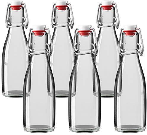 Wellgro 200 ml Glasflasche mit Bügelverschluss - 5,5 x 19 cm (ØxH) - Glas Flasche klar - Porzellanverschluss - Bügelverschlussflasche - verschiedene Mengen wählbar, Stückzahl:6 Stück