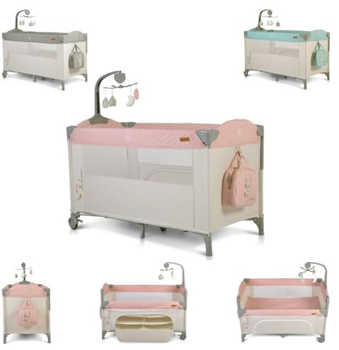 Cangaroo Indiana Camping Kinderbett, mit Musikmobil mit 4 Kuscheltieren, Organizer und eine Tragetasche, Rosa