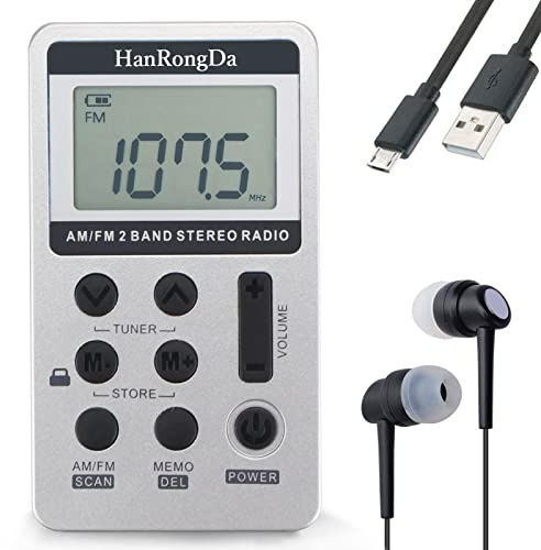 HanRongDa Portable Radio AM/FM Receiver with Excellent Reception and Stereo Sound, Pocket Radios with 58 Preset Stations, Built-in 500mAh Battery for Walking, Jogging, Mowing and Traveling HRD-103