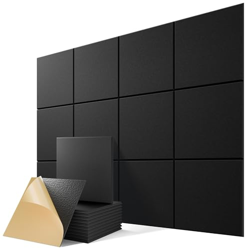 12 Pack Self-Adhesive Acoustic Panels, 12 X 12 X 0.4 High-Density Polyester Sound Proof Foam Panels for Walls, Soundproof Wall Panels for Home & Office (Black)