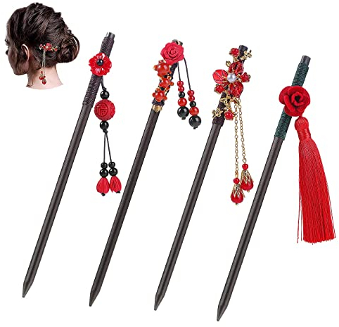 4 Stück Holz Haarnadeln chinesische japanische Haar sticks Vintage Blume Haars täbchen hand gefertigt Holz Haars tock klassische Haar Essstäbchen Haarnadel-Accessoires mit Quaste für Frauen Mädchen