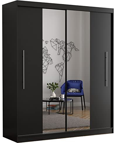Fabryka Mebli Idźczak Kleiderschrank mit Spiegel, Wohnzimmerschrank - Schwarz Schwebetürenschrank, Schlafzimmerschrank - ‎58 x 204 x 218 cm - Schrank für Schlafzimmer, Wohnzimmer, Garderobe
