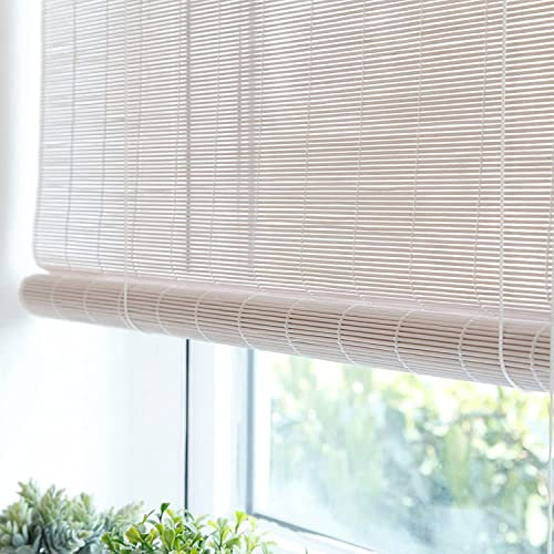 GeYao Natürliches Fensterrollo – Bambus-Türvorhang, weißer Bambusrollo, Lichtfilterung 60 % Verdunkelung, hebt Privatsphäre, Rollo für Fenster/Türen, personalisierbar