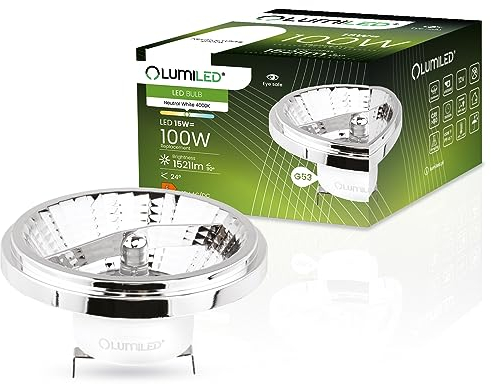 Lumiled LED Leuchtmittel 12V AR111 G53 Fassung Spannung 15W (Entspricht 100 Watt) Neutralweiß 4000K 24 Grad Abstrahlwinkel Silber 1521 Lumen Ra>80 Aluminium PC