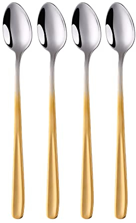 BISDARUN 18/10 Stainless Steel Latte Spoons Gradient Gold Ice Cream Teaspoons 4 Pieces Long Handle Ice Cream Cup Spoon for Hot Chocolate Hot Drink Dishwasher Safe