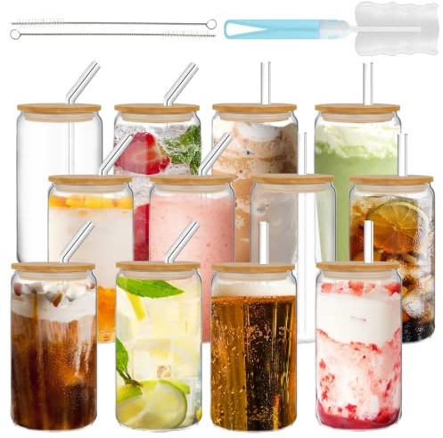 GIVAMEIHF Drinking Glasses with Bamboo Lids and Straw-12pack 16oz16oz Glass Cups with Lids and Straws,Iced Coffee Glasses,Cute Glass Tumblers for Soda,Coffee,Gifts