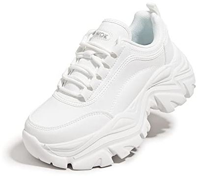 K KIP WOK Chunky Sneakers for Women Fashion Platform White Leather Casual Dad Shoes Comfortable Wedge Walking Sport Sneakers(White,8.5)