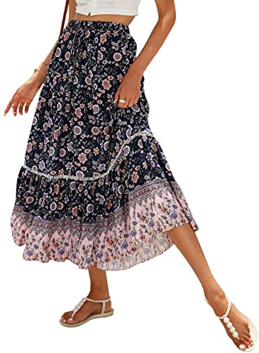 SotRong Summer Boho Midi Skirt Vintage Floral Print Gypsy Skirts High Waist Long Summer Dresses for Beach Holiday Navy Blue M