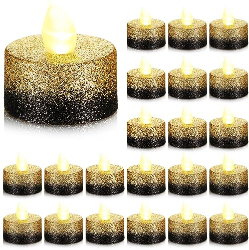 Retisee Lot de 48 bougies chauffe-plat à LED sans flamme à paillettes dorées et noires pour centres de table, décorations d'anniversaire à piles, décoration d'hiver romantique pour mariage, festival,
