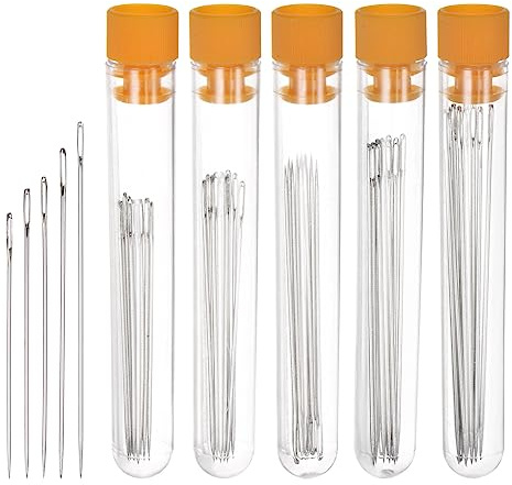 sourcing map 50pcs Large Eye Sewing Needles Stainless Steel Embroidery Thread Needle Handmade Yarn Knitting Needles Leather Needle Big Eye Stitching Needles with Clear Storage Tube