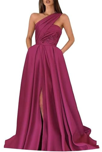 Elegantes vestidos de fiesta de satén con un hombro para mujer, apliques de encaje, acampanados, vestidos de noche formales con bolsillos, fucsia, 46