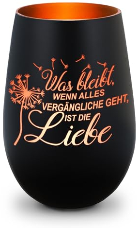 GRAVURZEILE Deko Windlicht aus Glas mit Gravur - was bleibt, wenn Alles Vergängliche geht - Trauerlicht für Teelichter und Kerzen - Grabschmuck zur Beerdigung oder als Andenken - Schwarz/Bronze