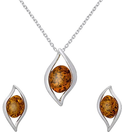 AMBEDORA Damsmyckesset Smycken, bärnstenslampor, polerat sterlingsilver, baltisk bärnsten i konjakfärg, silverhänge hänge på kedja och örhängen, Sterlingsilver, Bärnsten