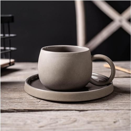 MAGICVOGEL Retro Kaffeetasse mit Untertasse aus Steingut Espressotasse 250ml dickwandige Teetasse matt Stil Keramiktasse Set für Kaffee Tee Kakao Espresso Cappuccino (Grau)