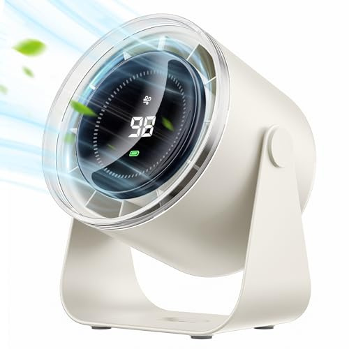 WSKEN Desk Fan with Battery Operated, Quiet Digital Display Portable Fan for Office, Bedroom, Kitchen, Home, Outdoor, 100 Speeds 115° Tilt Small Travel Camping Table Fan, White